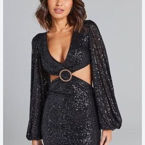 Nadine Merabi Caitlin Dress Elegant Black Sequin Dress with Ring Detail NEW
